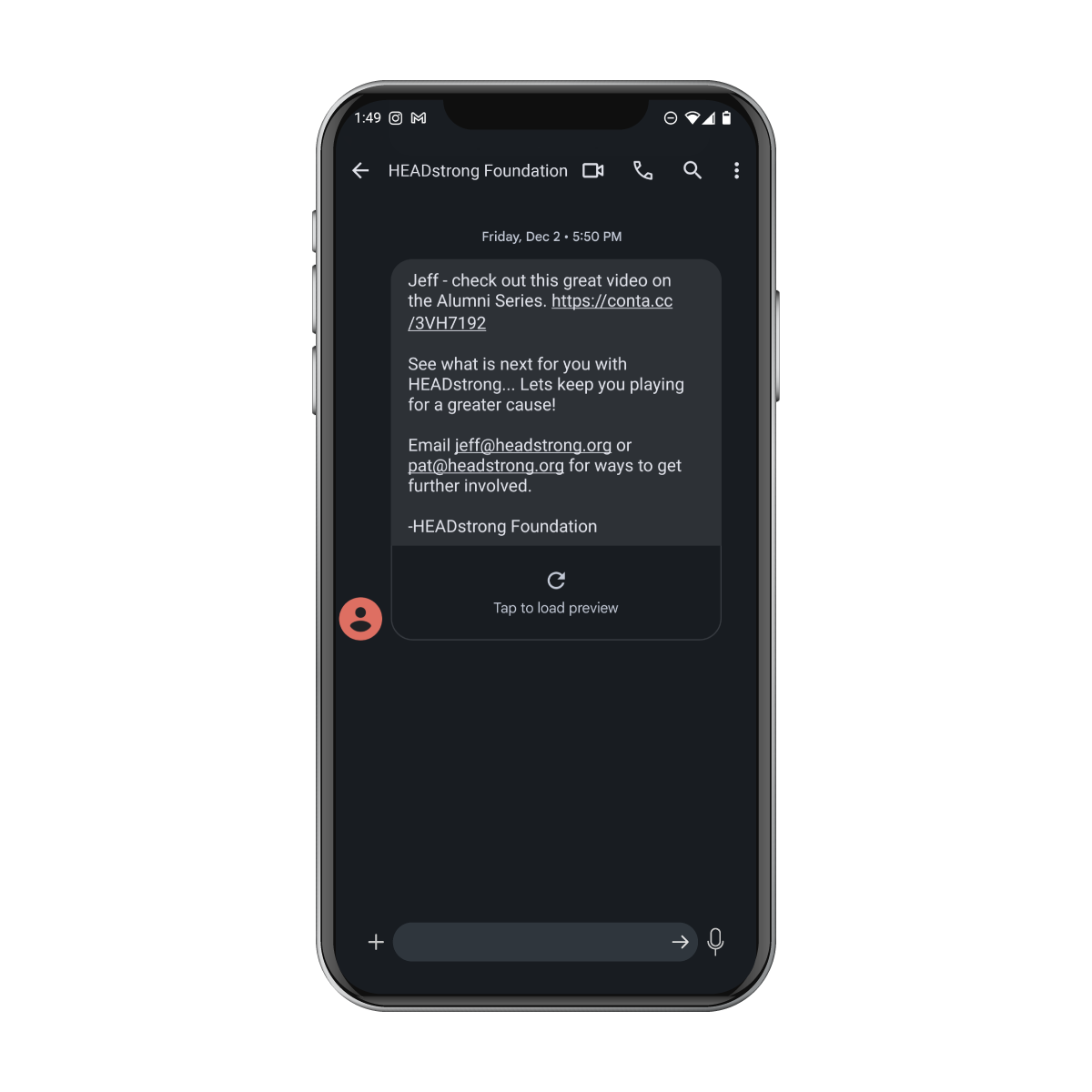 A cell phone showing a HEADstrong Foundation sharing an alumni video.