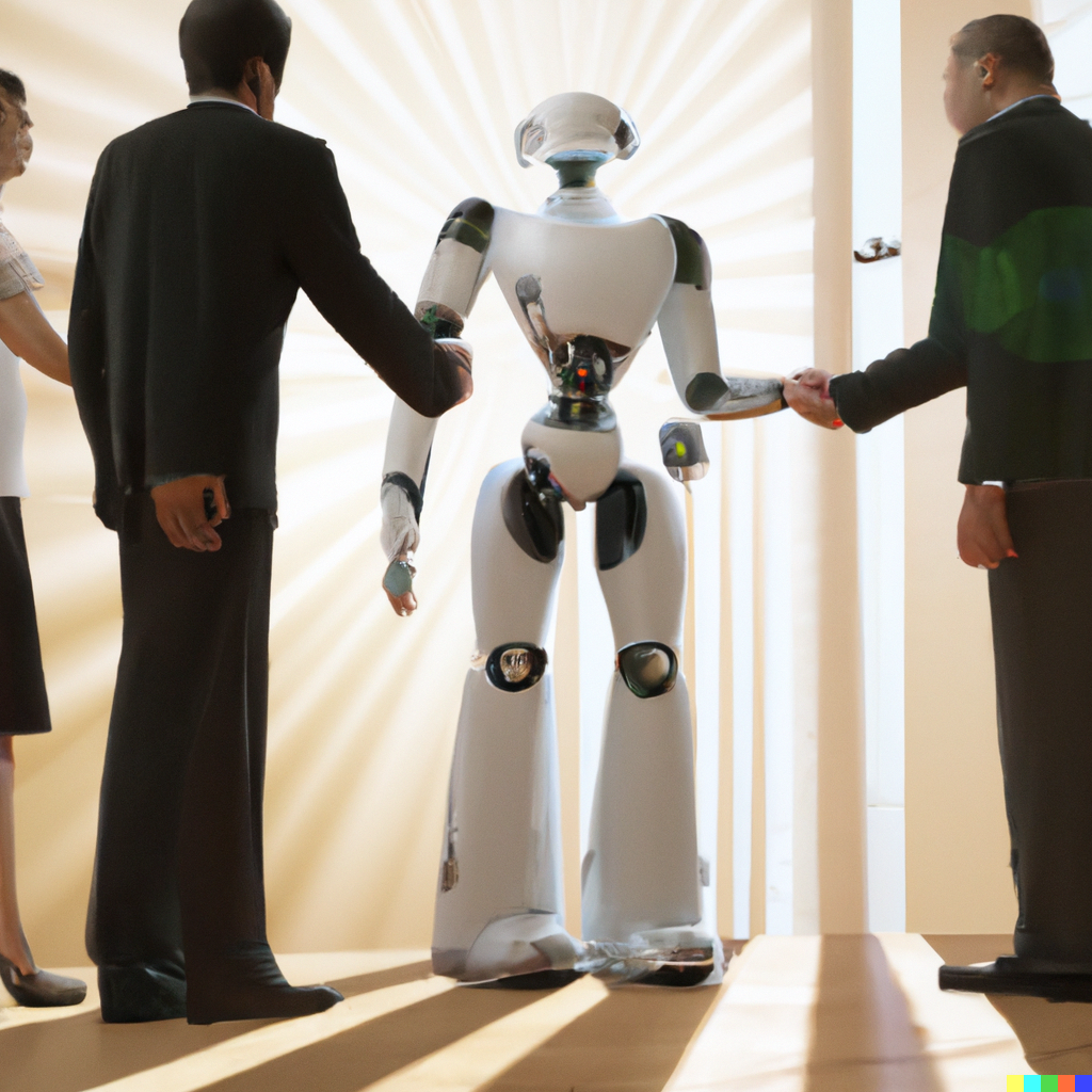AI-generated image of a robot shaking hands with people.