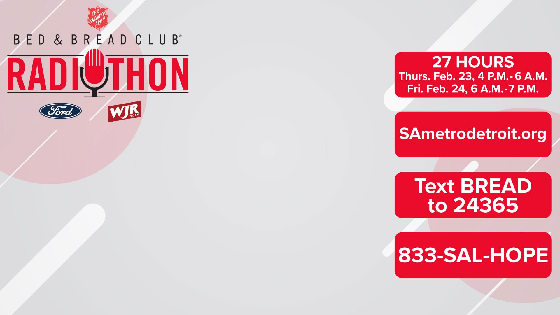 Zoom background for The Salvation Army's Bed & Bread Club Radiothon showing hours and donation options.