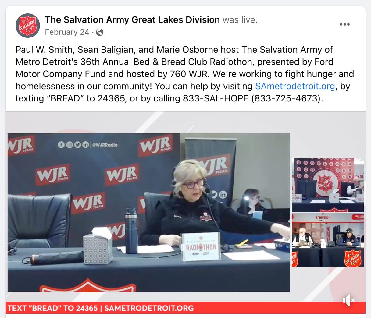 Facebook post showing The Salvation Army's Bed & Bread Club Radiothon live cast.