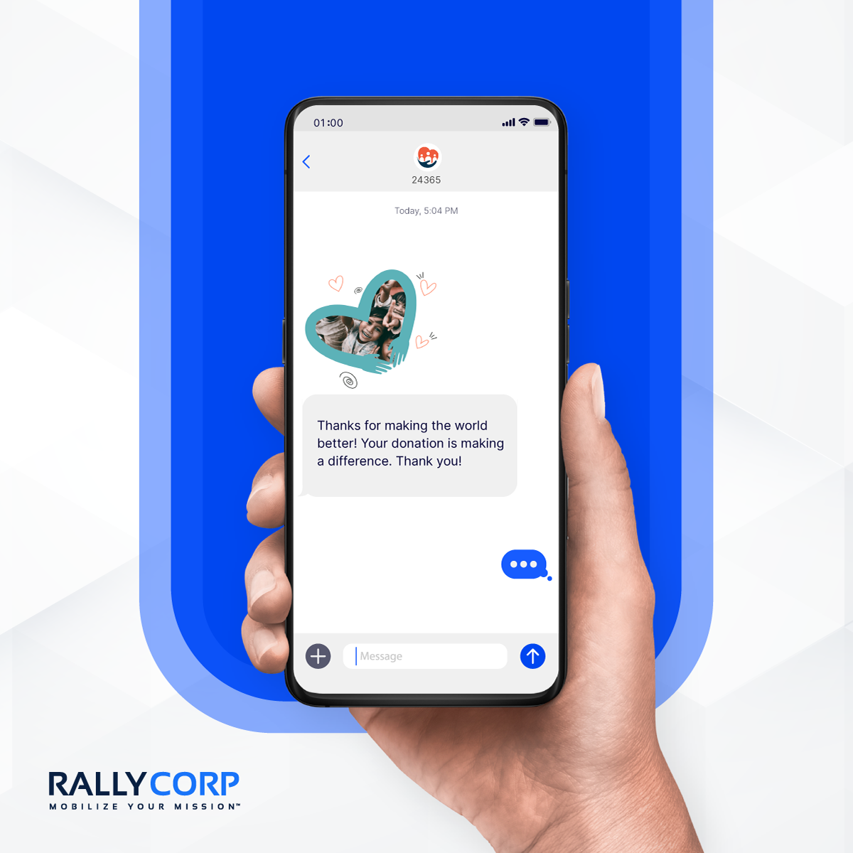 Hand holding a cell phone with simple thank you text message with image: "Thanks for making the world better! Your donation is making a difference. Thank you."