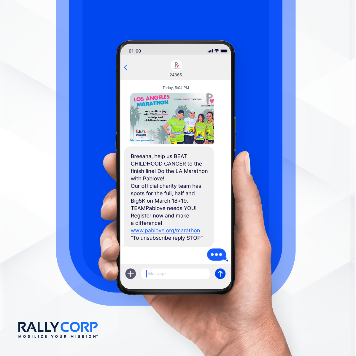 Cell phone with text message and photo from Pablove about the Los Angeles Marathon.