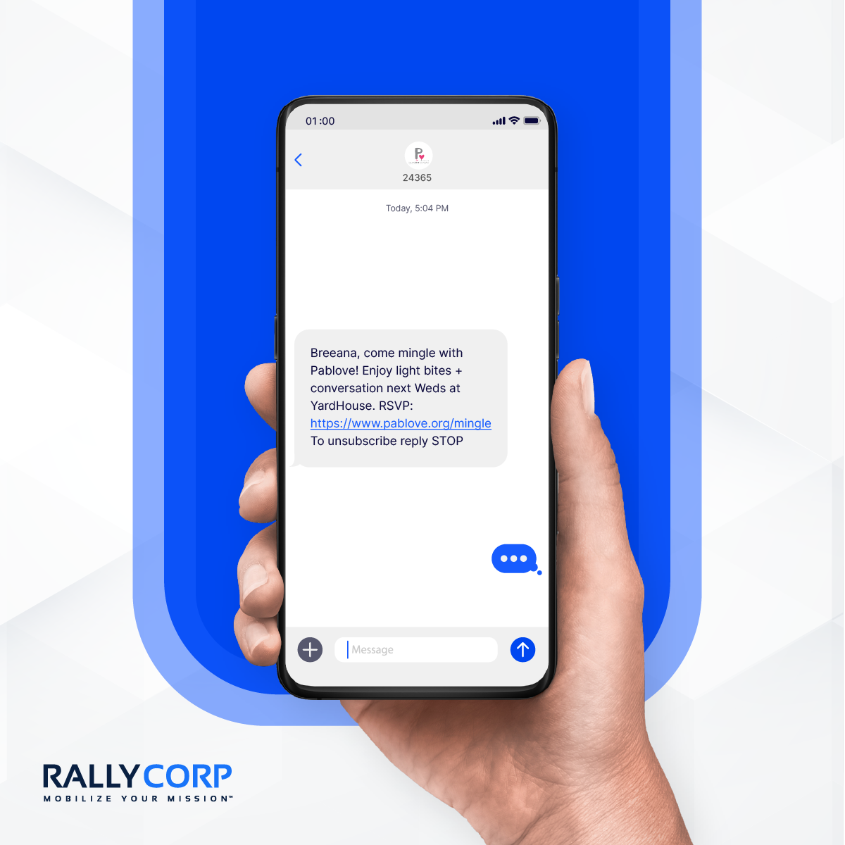 Cell phone with a text message from Pablove Foundation inviting someone to a fundraising event.