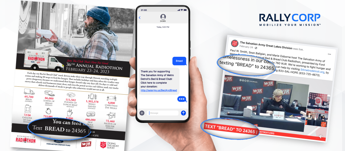 Examples of text-to-donate from the Salvation Army, promoting texting "BREAD" to 24365.