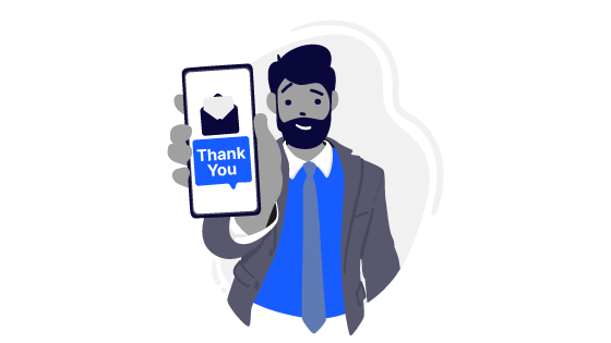 Man holding cell phone with 'thank you' text message.