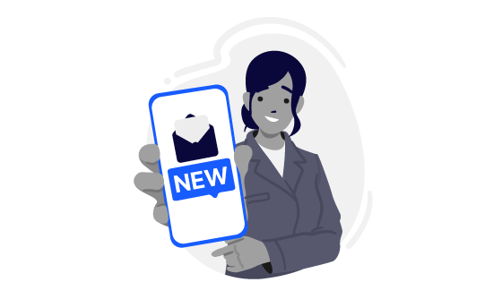 Woman holding a cell phone with text message sharing something new.