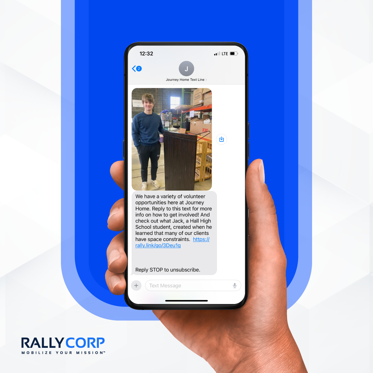 Volunteer opportunity text message from Journey Home.