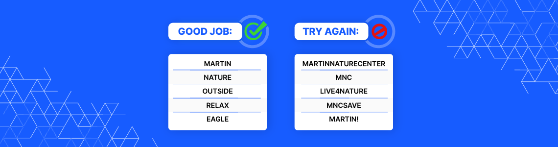 Table with good and bad keyword examples.