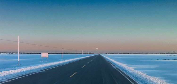 Un cuadro fotorrealista de una carretera llana que se pierde en el horizonte del atardecer.