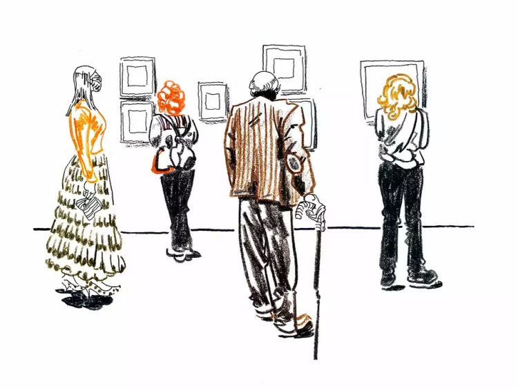 Dibujo de varias personas paseando por la galería de un museo.