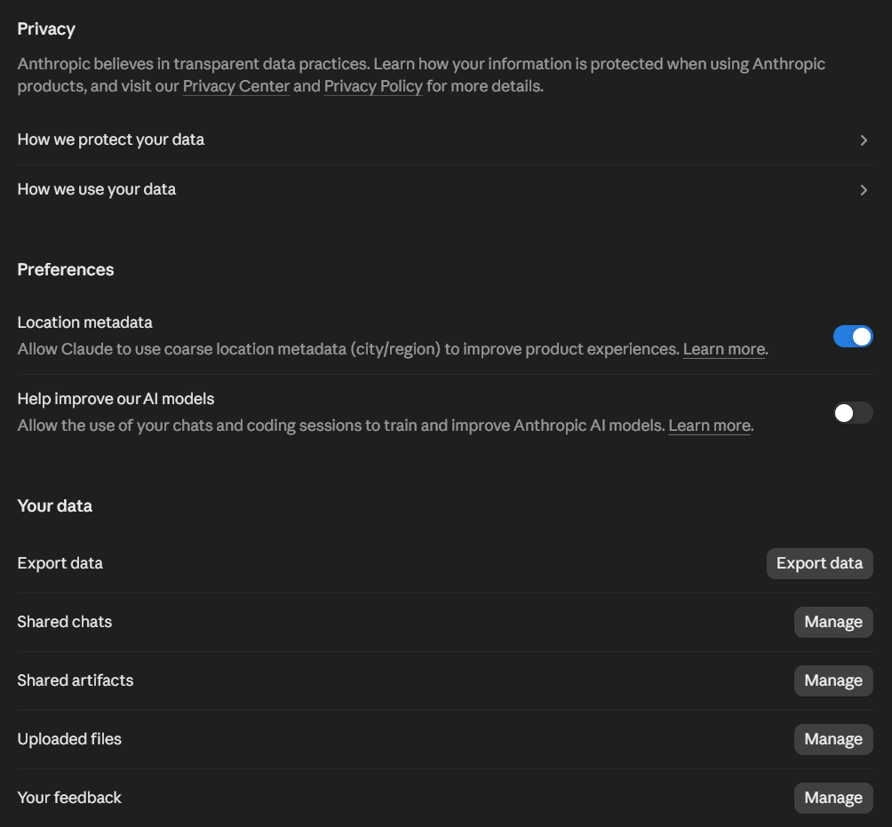 The Privacy page in Claude settings, with the Help improve our AI models toggle turned off and, under Your data, Manage buttons for Shared chats, Shared artifacts, Uploaded files, and Your feedback.