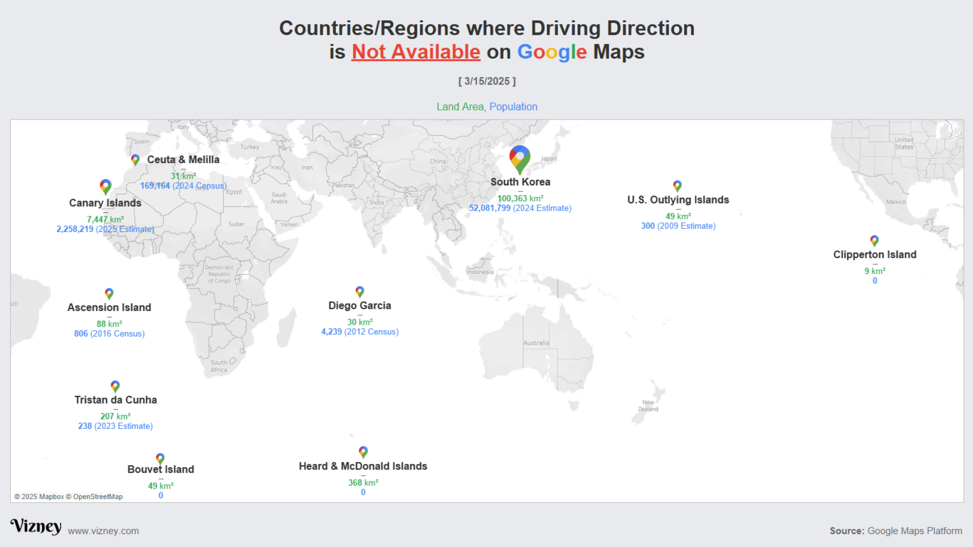 Countries/Regions where Driving Direction is Not Available on Google Maps