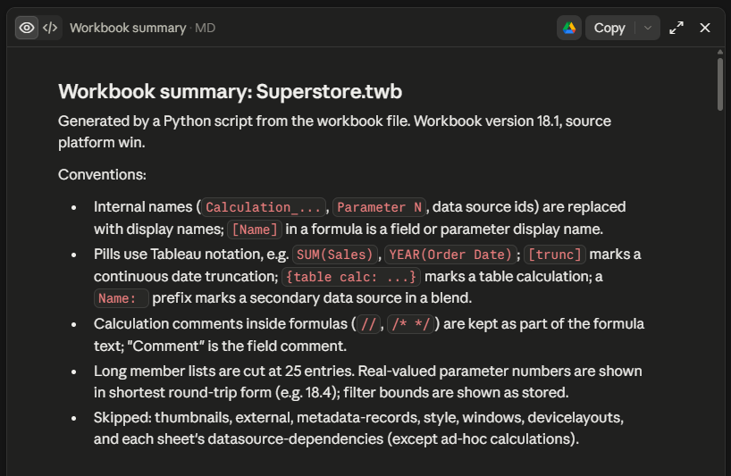 Analyzing Tableau Workbooks with Fewer Tokens (feat. Claude)