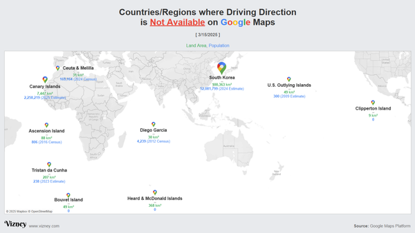 Countries/Regions where Driving Direction is Not Available on Google Maps