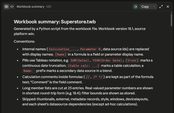 Analyzing Tableau Workbooks with Fewer Tokens (feat. Claude)