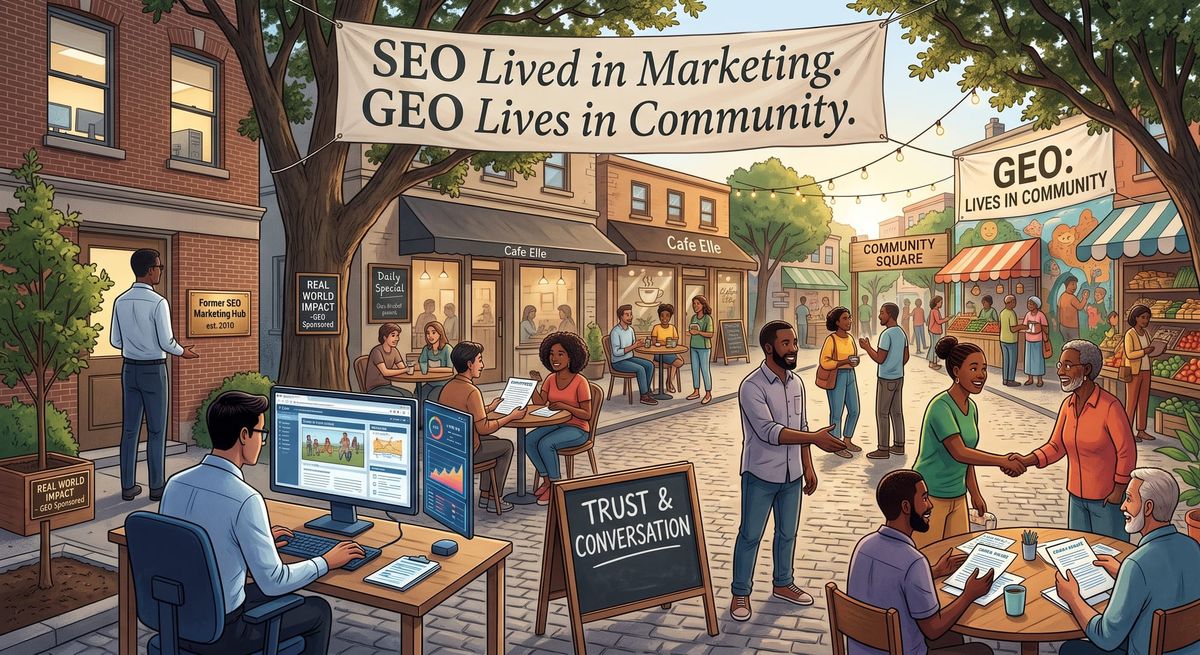 SEO Lived in Marketing. GEO Lives in Community.