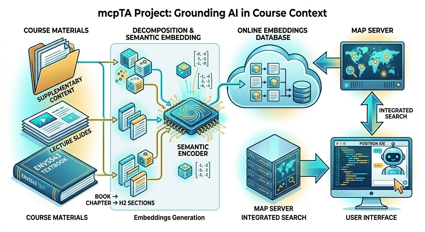 Architectural Diagram of the mcpTA Project  A technical flowchart with a clean, digital illustration style showing the pipeline of course materials being integrated into an AI interface. The diagram is organized into four main stages from left to right:  Course Materials: On the far left, icons represent the raw input: the "ENVS543 Textbook," a stack of "Lecture Slides," and a folder of "Supplementary Content."  Decomposition & Semantic Embedding: Arrows lead into a central "Semantic Encoder" box. Here, the textbook is visually broken down into "quanta" (represented as small cubes and document snippets) labeled "Book → Chapter → H2 Sections." These fragments are transformed into mathematical vectors (arrays of numbers).  Online Embeddings Database & Map Server: The vectors flow into a cloud-based database. Above this, a "Map Server" is depicted with a world map and magnifying glass, representing the "Integrated Search" functionality that organizes these knowledge quanta.  User Interface: On the far right, the "Map Server" connects to the "Positron IDE." The IDE is shown on a computer monitor featuring a coding interface and a friendly robot chatbot icon. This represents the final stage where the student interacts with the AI, which now has grounded access to all course materials.  The overall color scheme is professional, using teal, blue, and gold accents on a white background, with each section contained in a light-gray rounded box.