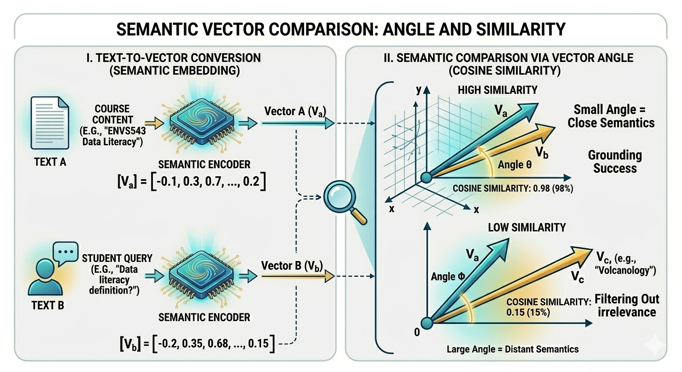 A technical diagram titled "Semantic Comparison via Vector Angle" consisting of two main parts:  Text to Vector Conversion: On the left, two different text inputs—"Text A" (Course Content) and "Text B" (Student Query)—pass through a "Semantic Encoder" icon. Each produces a bracketed string of numbers representing a high-dimensional vector.  Vector Comparison Graph: On the right, a Cartesian coordinate system shows two arrows (vectors) originating from the same point (0,0).  High Similarity Case: Vector A and Vector B are pointed in nearly the same direction with a very small angle (θ) between them. It is labeled "High Similarity / Small Angle = Close Semantics."  Low Similarity Case: A third Vector C is shown pointing far away from Vector A, creating a wide angle. It is labeled "Low Similarity / Large Angle = Distant Semantics."