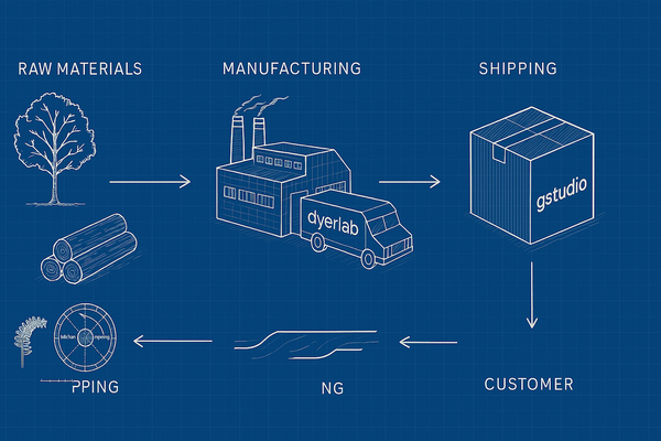 A stylized picture of developing a package from raw materials to shipping.