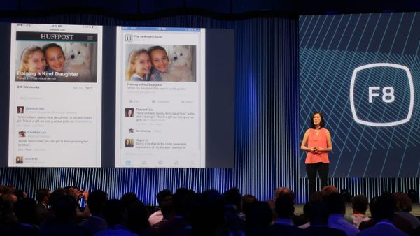 Deborah Liu on stage at Facebook's F8 Developers Conference 2015, introducing the improved Comments Plugin.