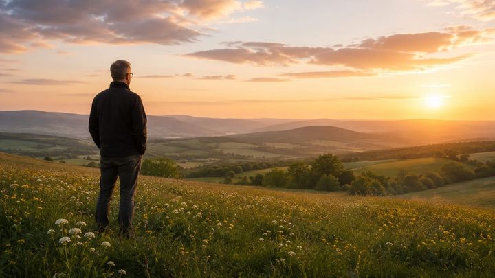 Man looking at a sunrise over a field