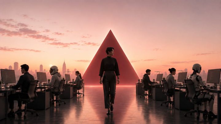 A manager walking down a row of office workers in a very open plan office.