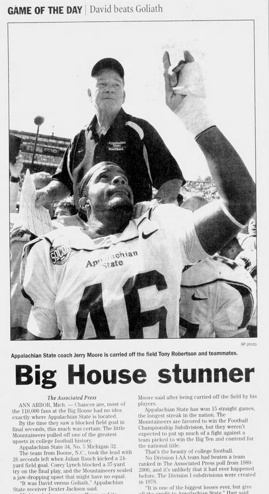 'Big House stunner' — the greatest upset ever played, in next morning's ink.