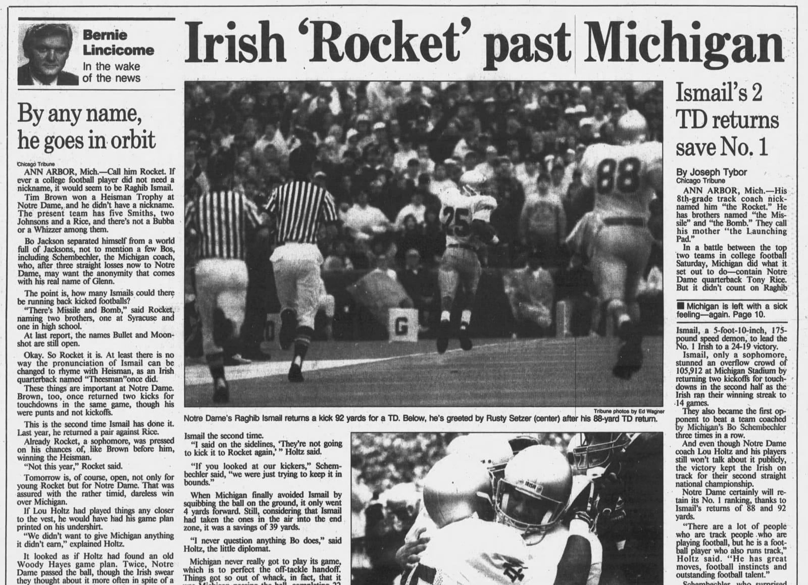 Chicago Tribune, September 17, 1989: 'Irish Rocket past Michigan.'