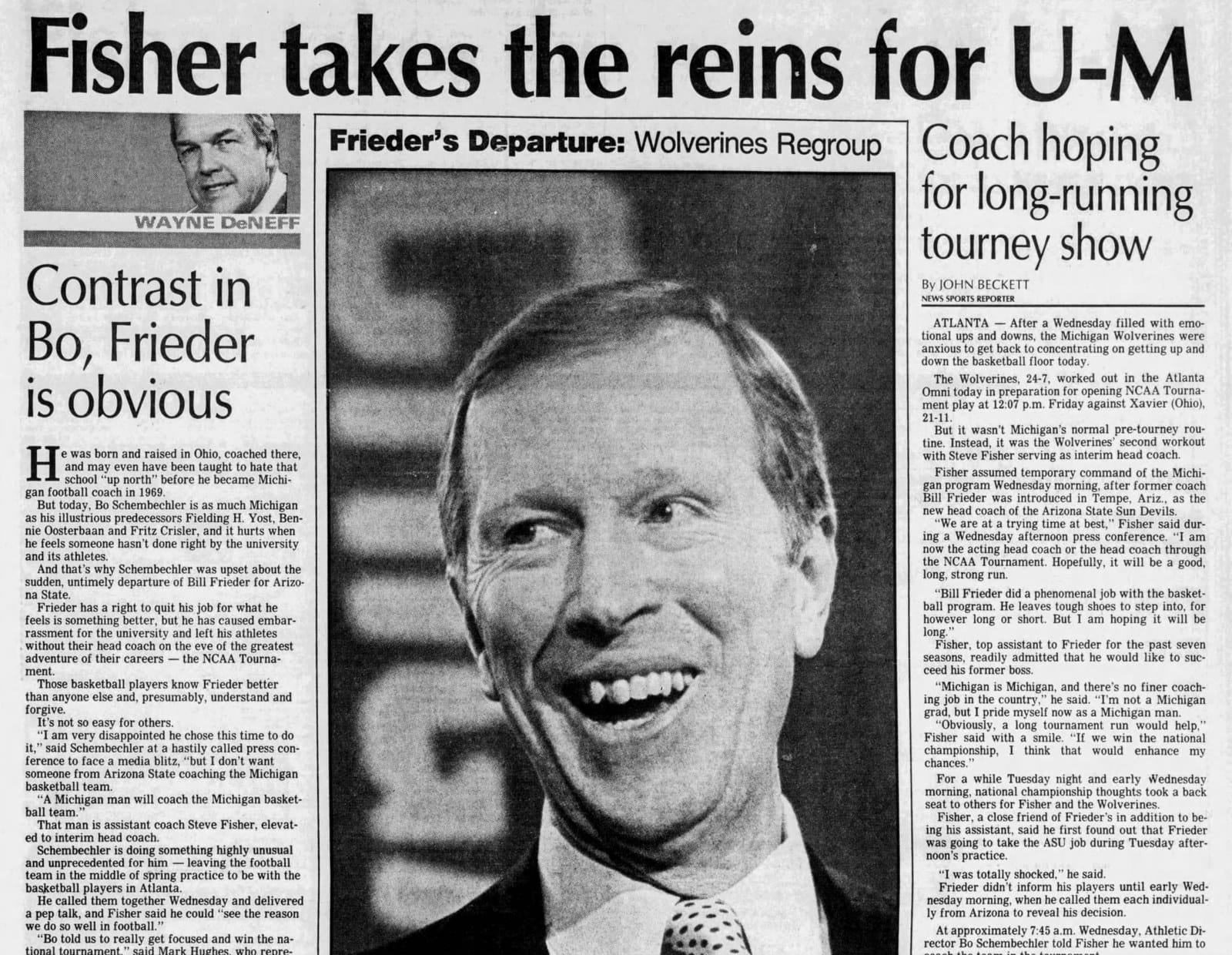 Ann Arbor News, March 16, 1989: 'Fisher takes the reins for U-M.'