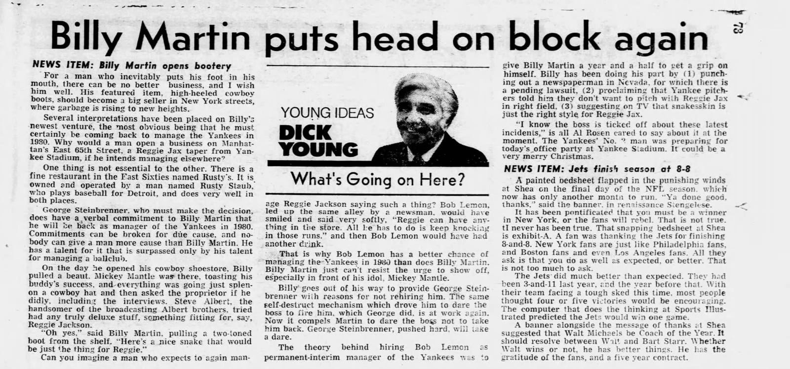 The Daily News on the Bronx Zoo — 'Billy Martin puts head on block again.'