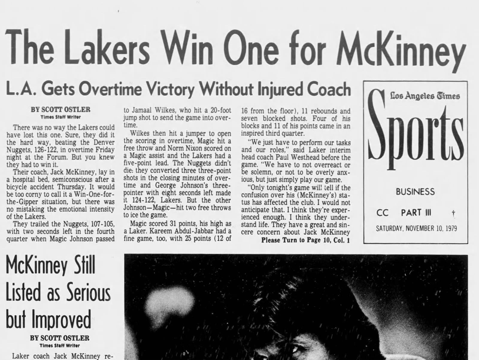 LA Times, November 1979: 'The Lakers Win One for McKinney.'