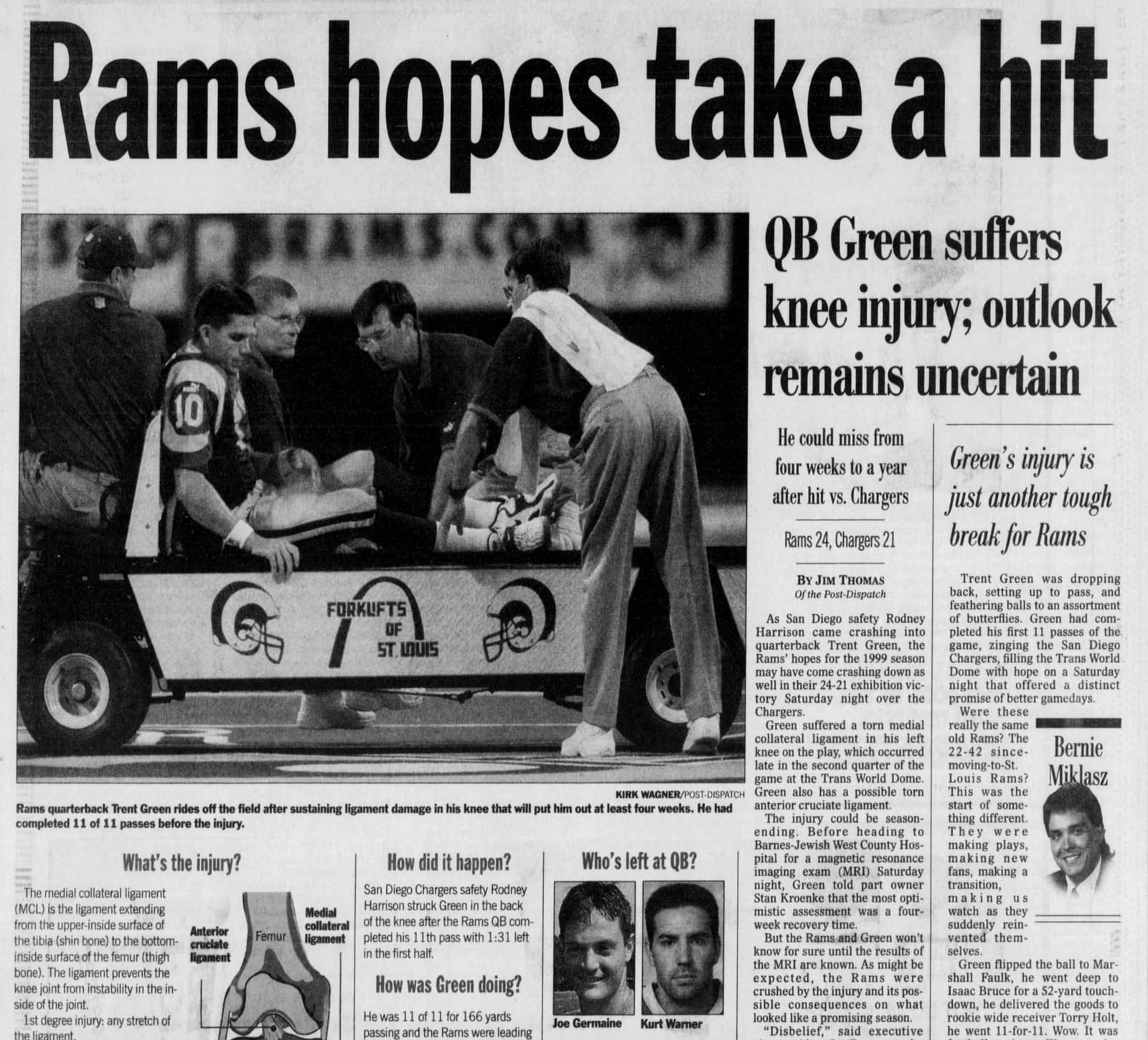 St. Louis Post-Dispatch, August 29, 1999: 'Rams hopes take a hit.' The hit invented Kurt Warner.