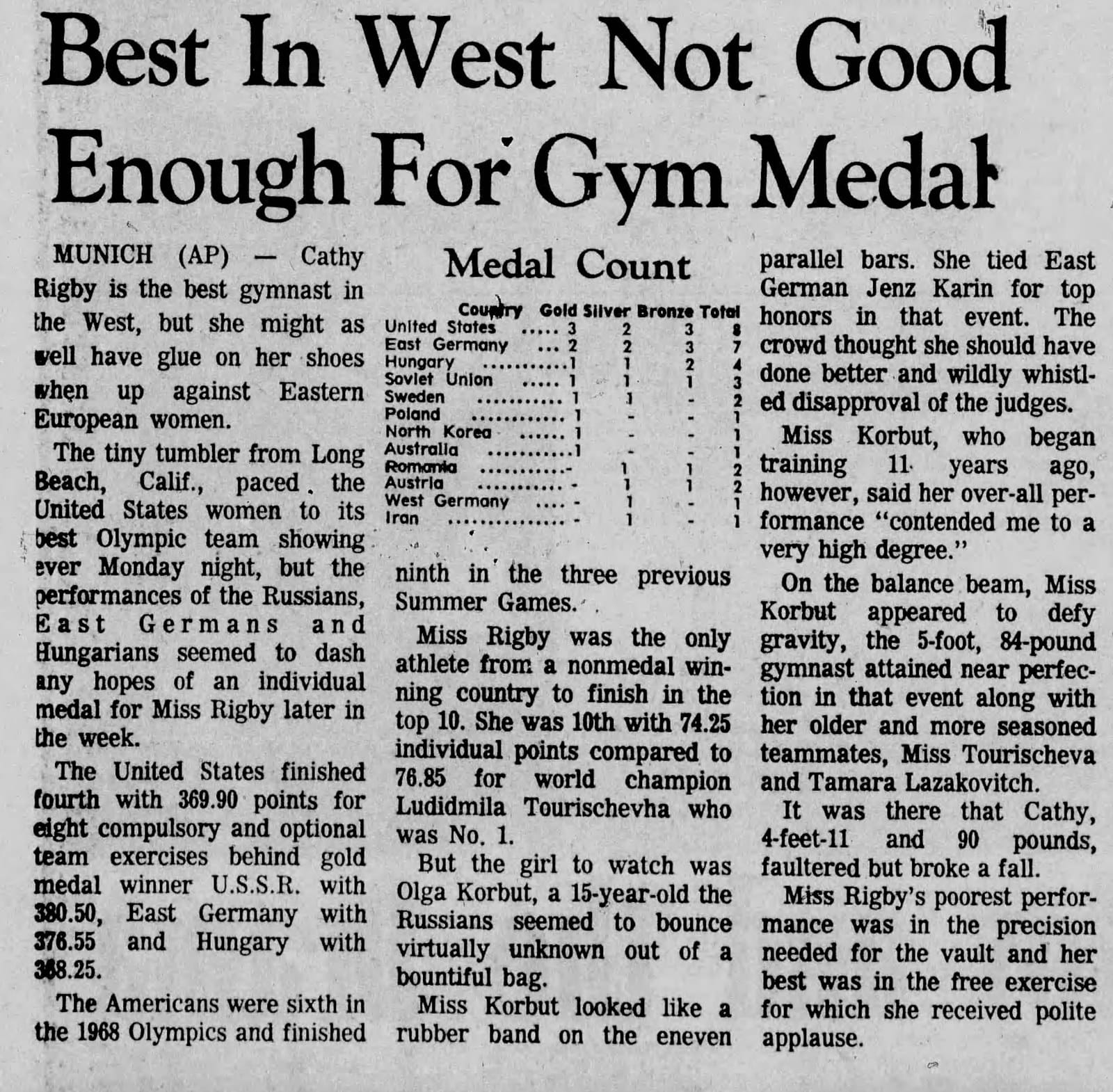 The papers of August 1972 — 'the tiny tumbler from Long Beach… café… Grodno' as the wires scrambled to explain her.
