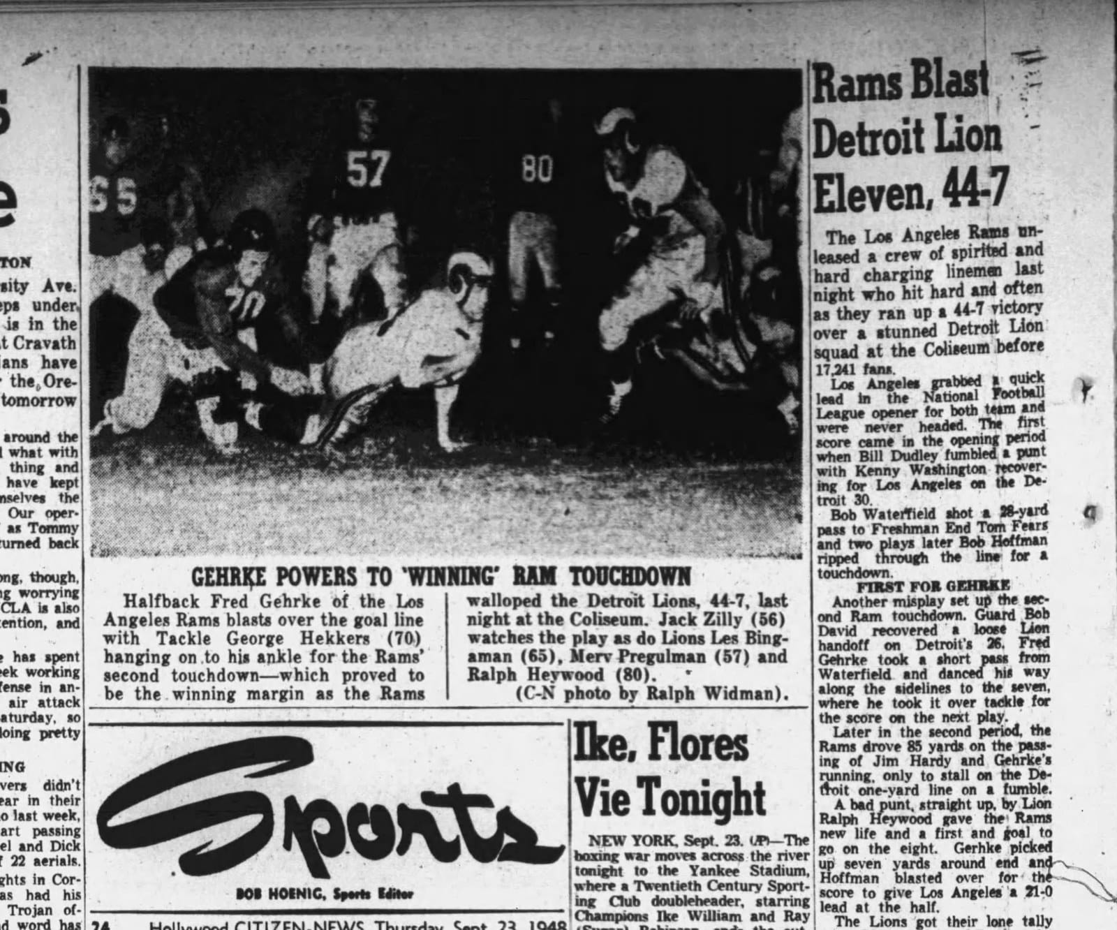 Los Angeles Evening Citizen News, September 23, 1948 — Gehrke himself scoring, horns and all.