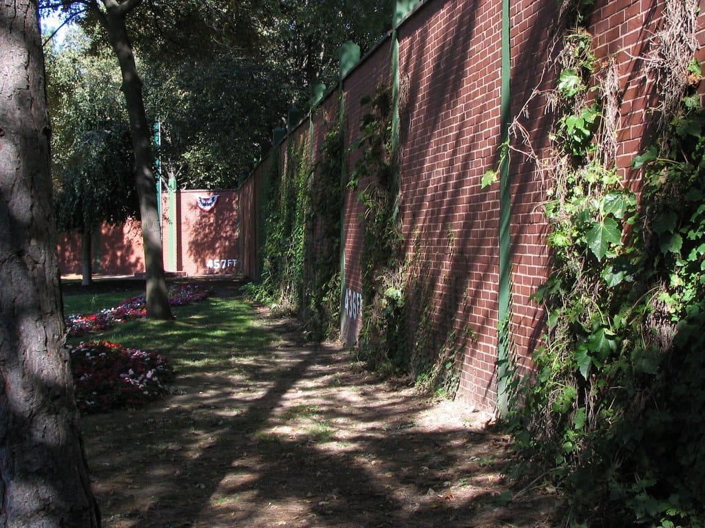 The wall that outlived the ballpark — still standing on Pitt's campus.