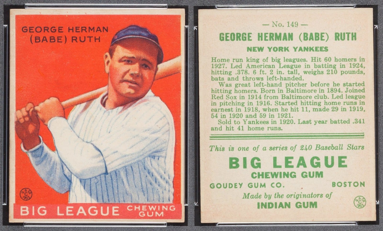 1933 Goudey Ruth — front and 'Big League Chewing Gum' back. The gum era begins.