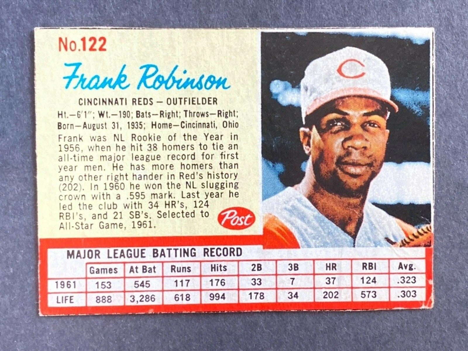 A hand-cut Frank Robinson — every surviving Post card carries a kid's scissors work.
