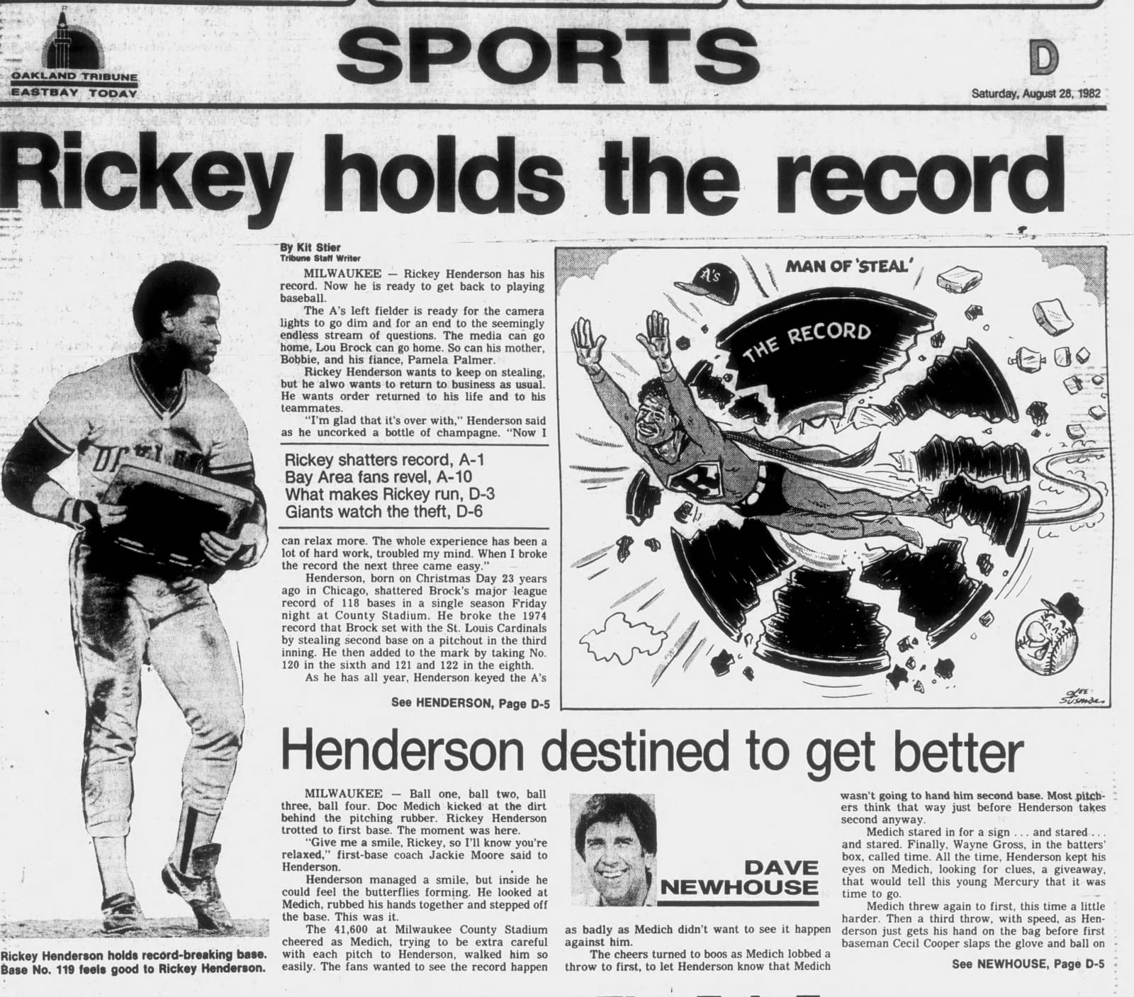Oakland Tribune, August 28, 1982: 'Rickey holds the record' — with the 'Man of Steal' cartoon.