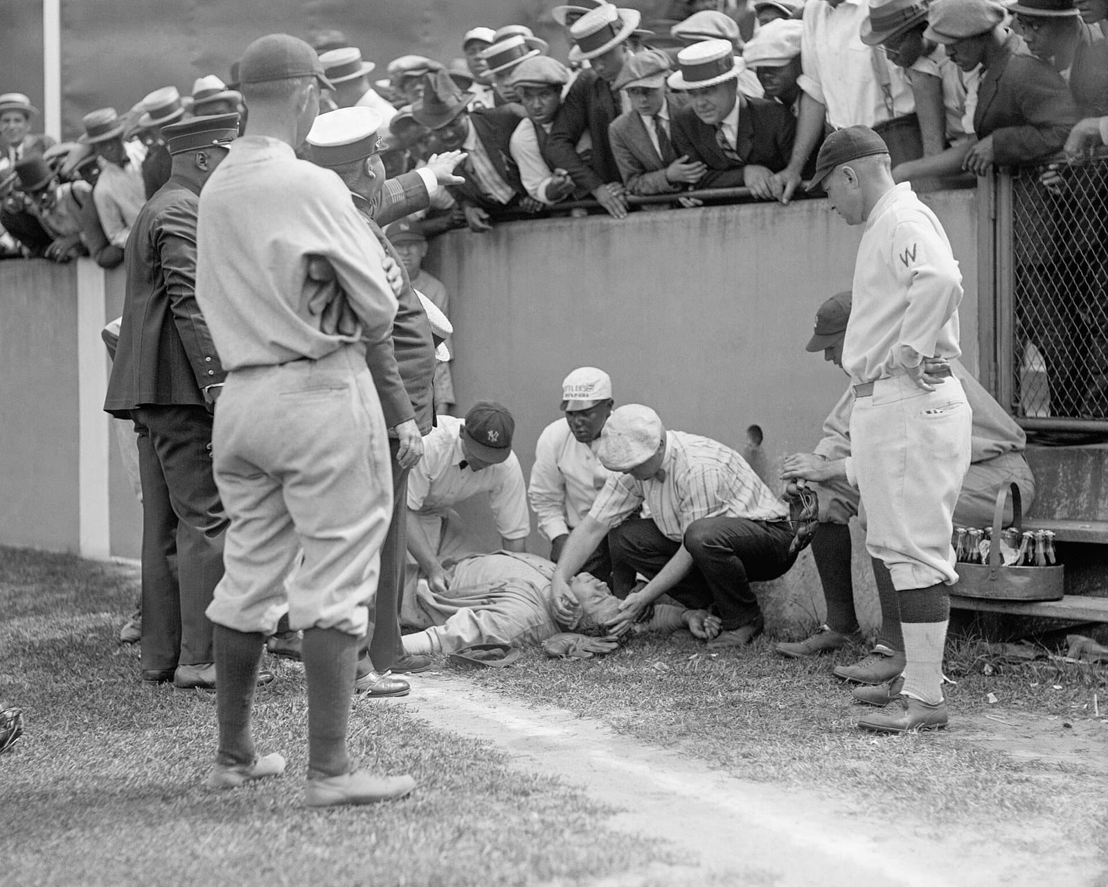 Ruth out cold after running into a wall in 1924 — by 1925, the collapse was total. Photo: Bain News Service (public domain)