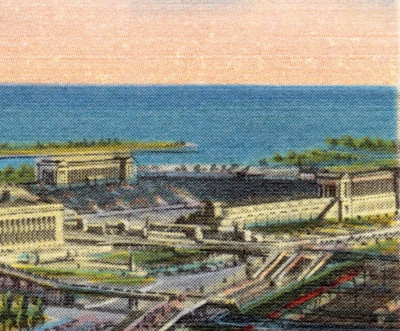 Soldier Field on Chicago's lakefront, from a vintage postcard