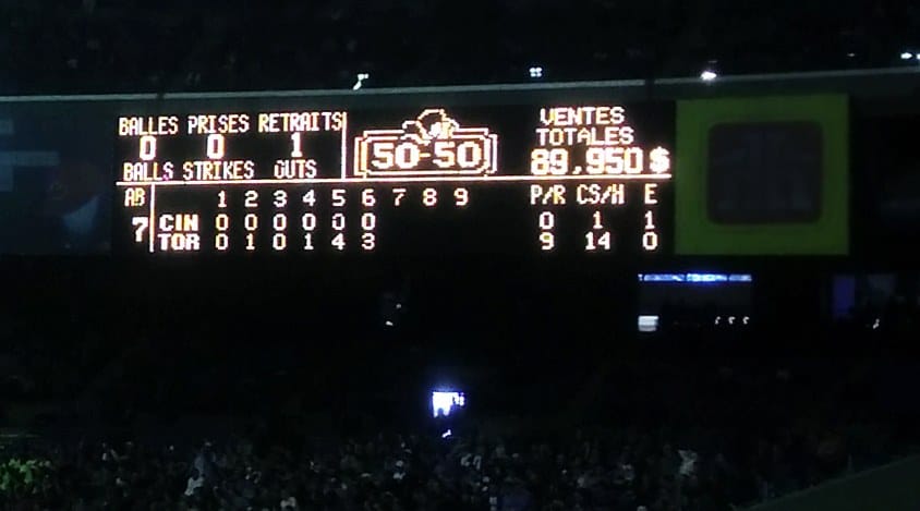 The scoreboard at Olympic Stadium, Montreal — where the best team in baseball was frozen at 74-40. Photo: CC BY-SA 2.0