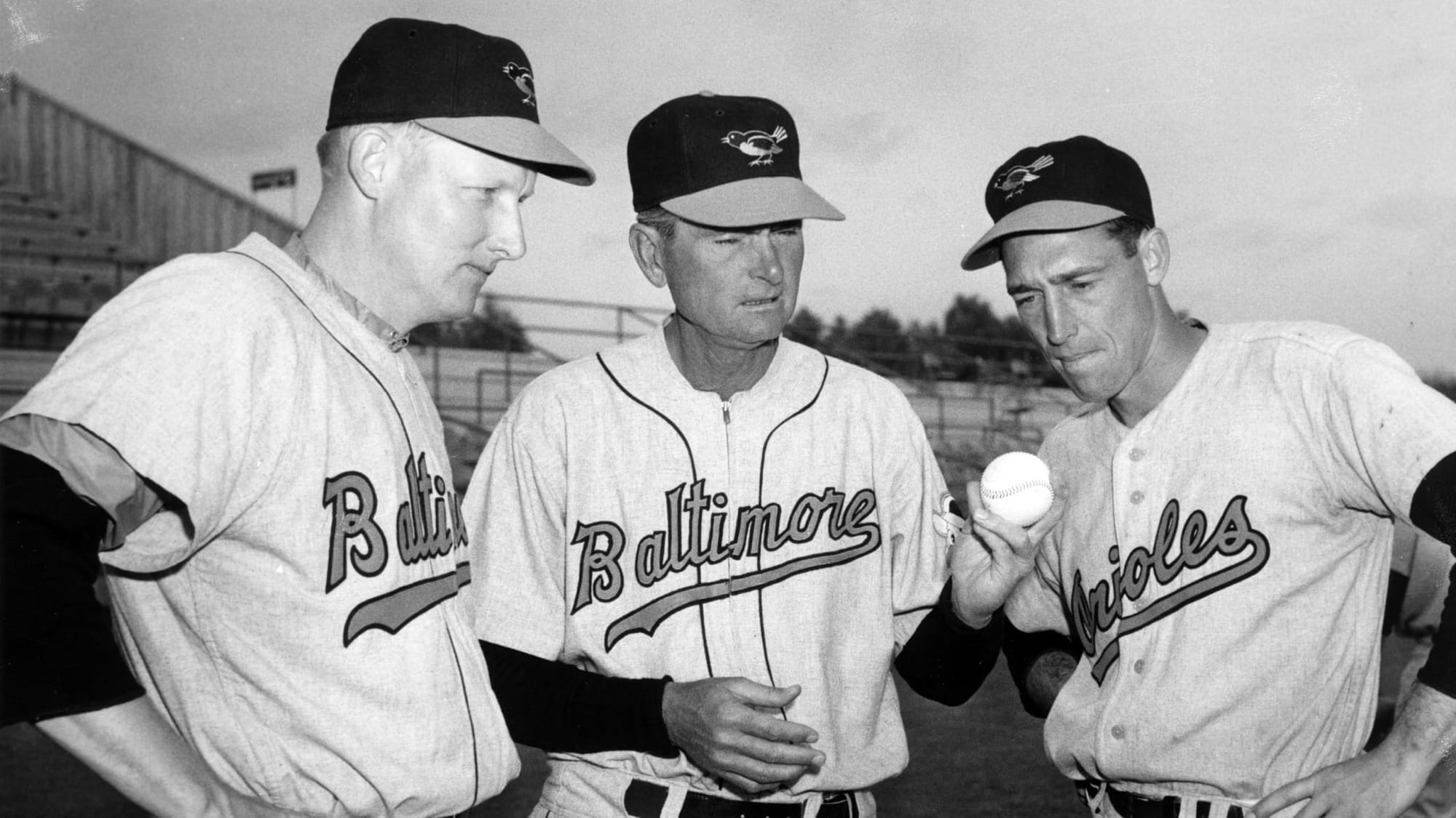 Spring 1954: the new road grays read "Baltimore," the home whites "Orioles."