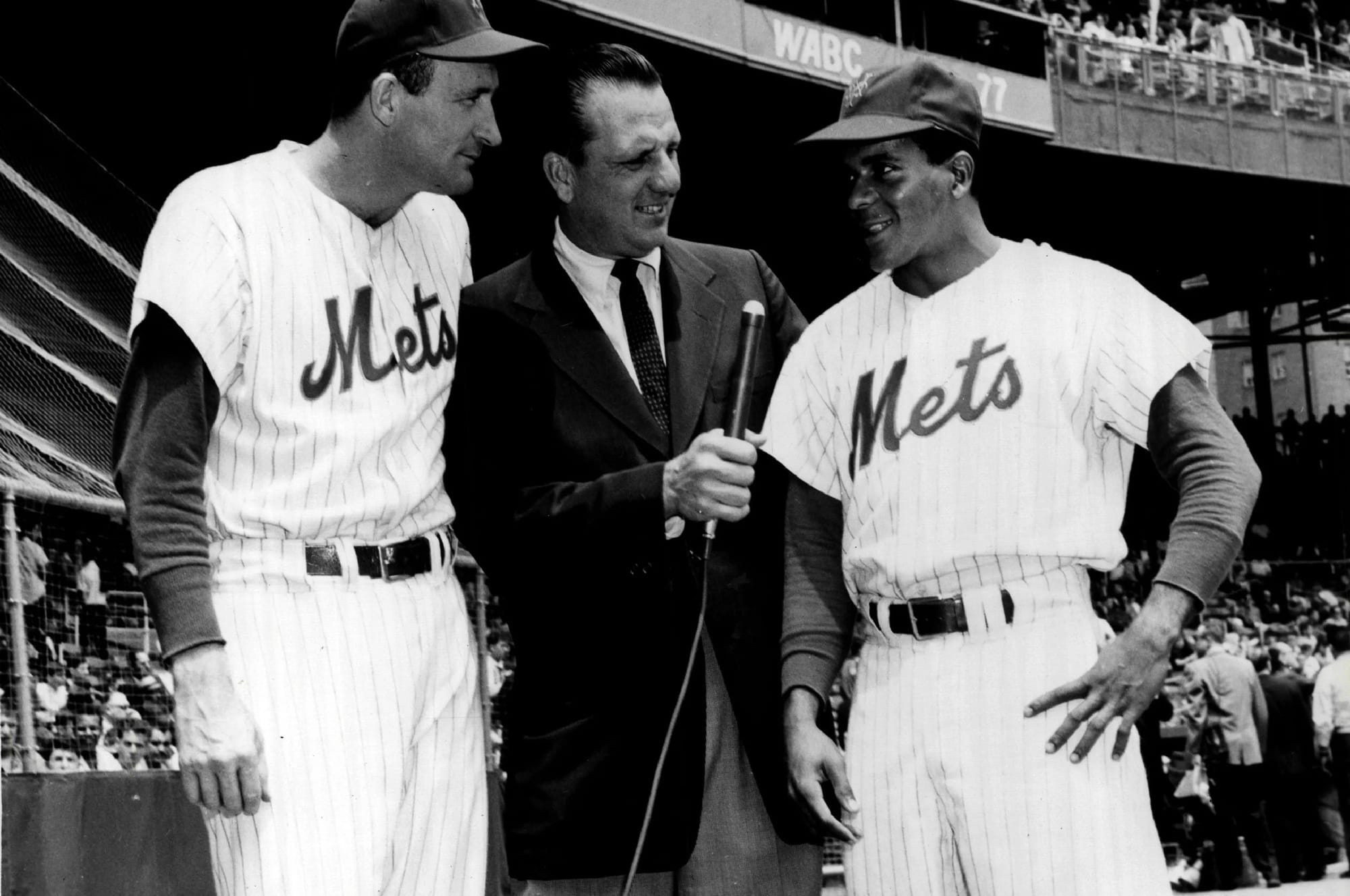 The Polo Grounds, 1962: a broadcaster interviews two of the original Mets.