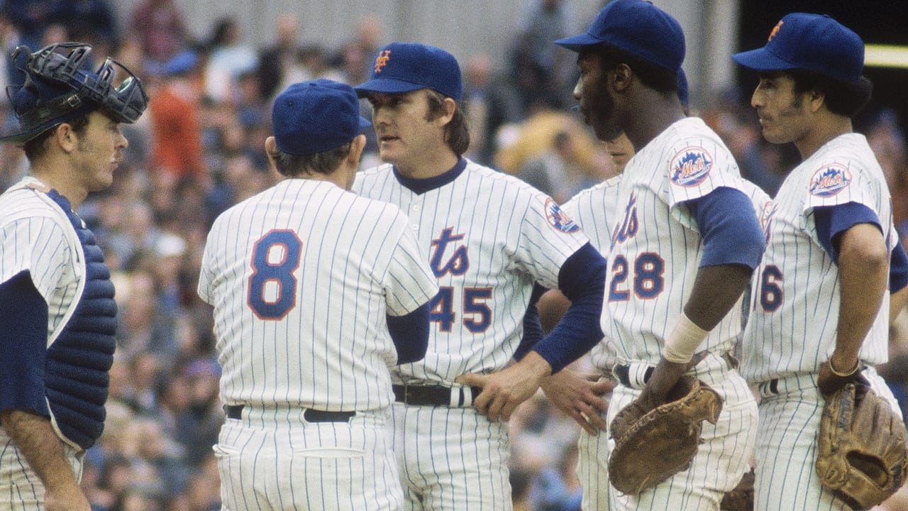 A 1973 Mets mound meeting, with Tug McGraw (45) in the middle of it.