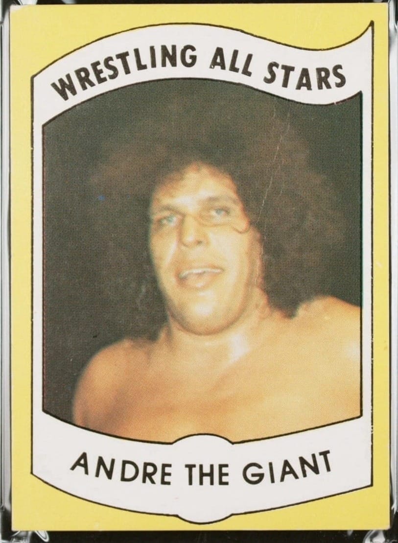 1982 Wrestling All-Stars Series A No. 1, Andre the Giant, PSA 3. Card No. 1 took the damage on top of the stack.