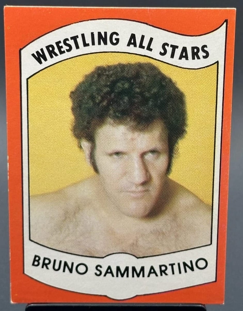 1982 Wrestling All-Stars Bruno Sammartino, orange shield.