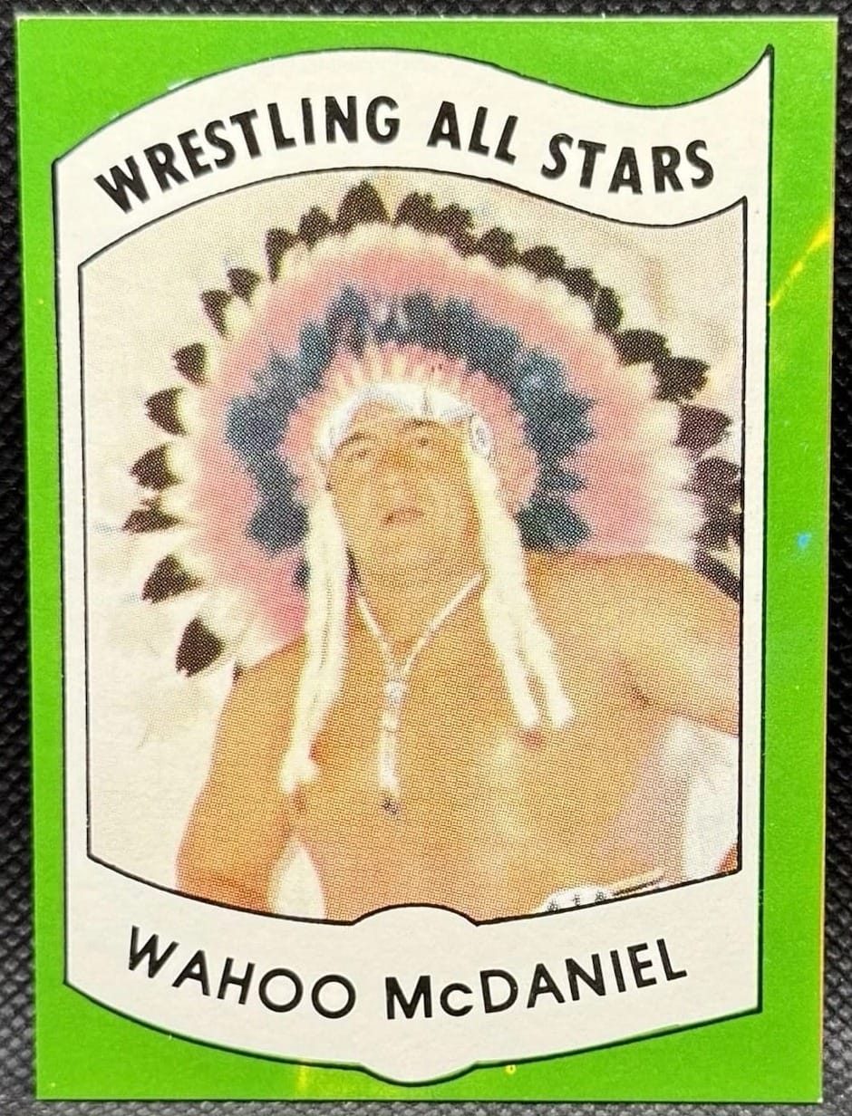 The 1982 Wrestling All-Stars design: a white shield frame on a solid color. This is Wahoo McDaniel from Series A.