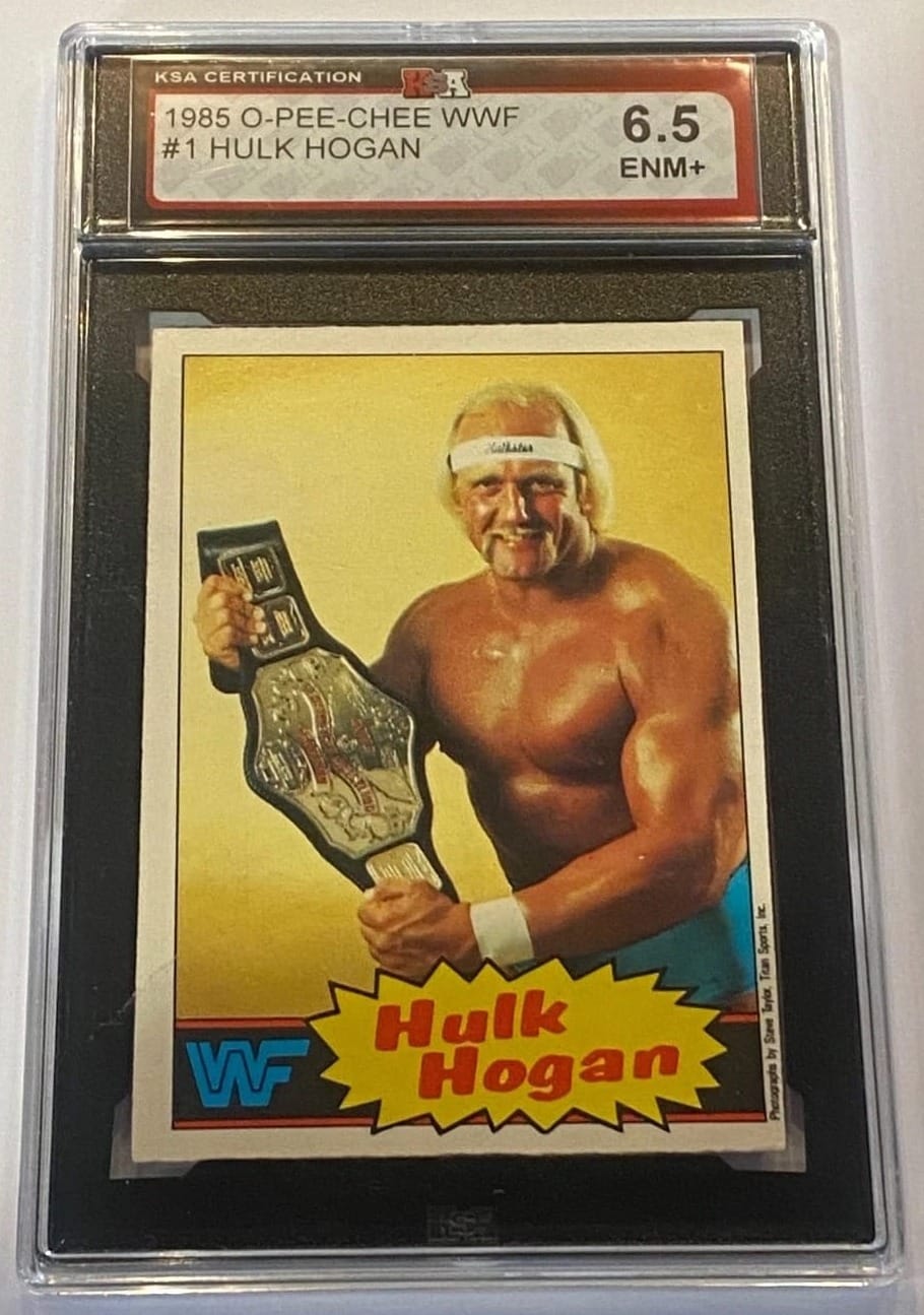 1985 O-Pee-Chee No. 1 Hulk Hogan, graded 6.5 by KSA. The Canadian printing runs warmer than the Topps blue.