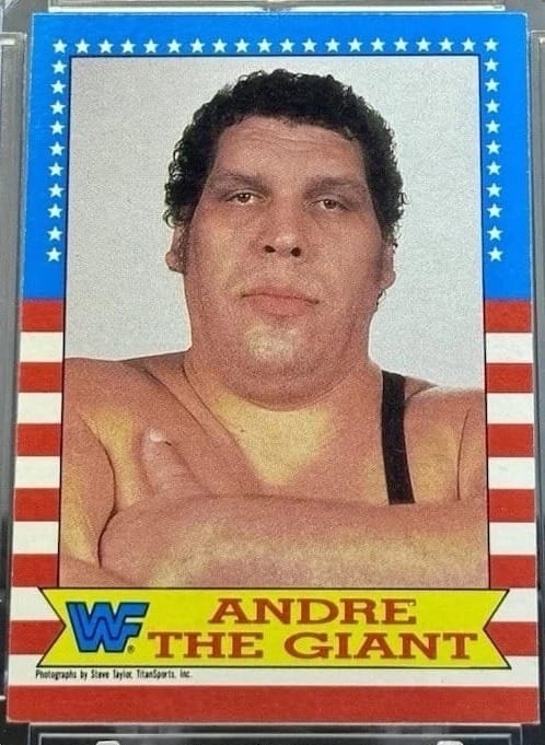 The 1987 Topps design: stars-and-stripes borders. Andre the Giant, the year of WrestleMania III.