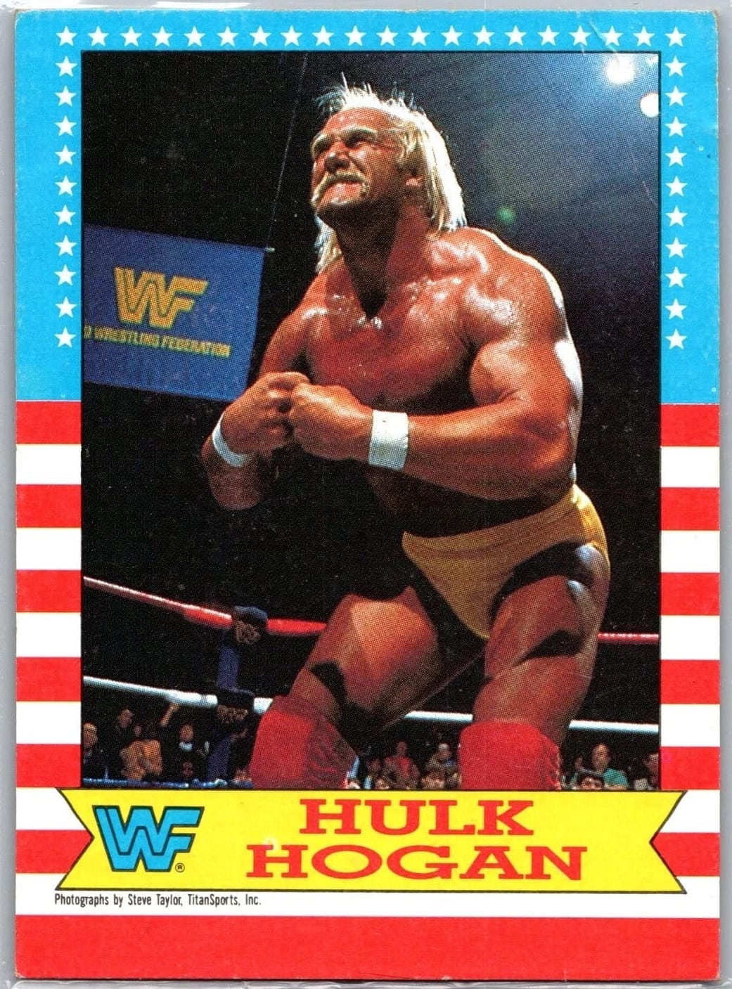 1987 Topps WWF Hulk Hogan, blue borders and the stars-and-stripes frame.